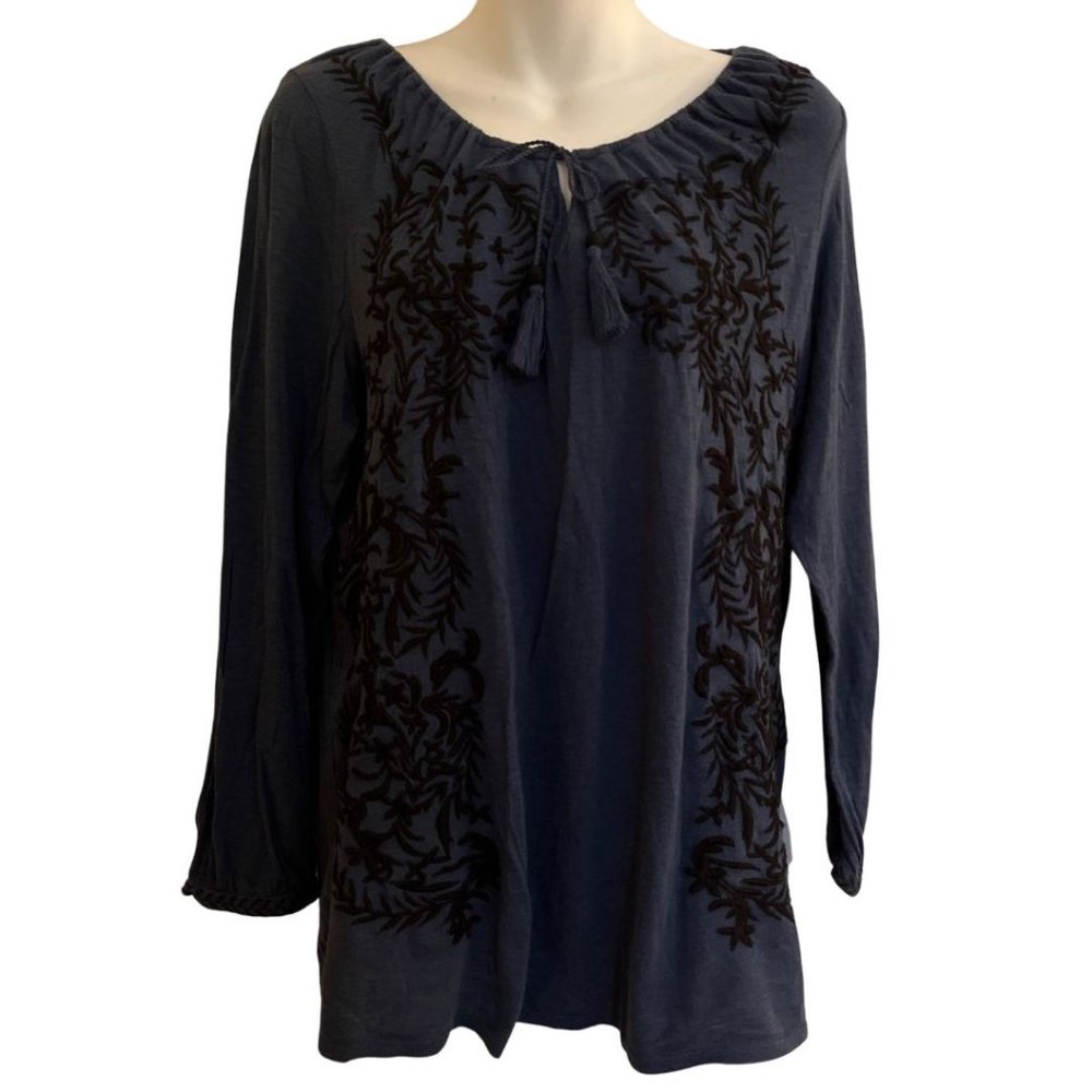 Lucky Brand Woman Blue Black Embroidered Boho Long Sleeve Top Sz L Large